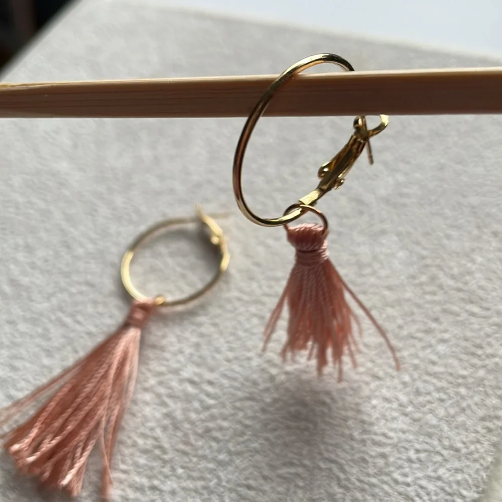 Gold hoop + pink tassel earrings